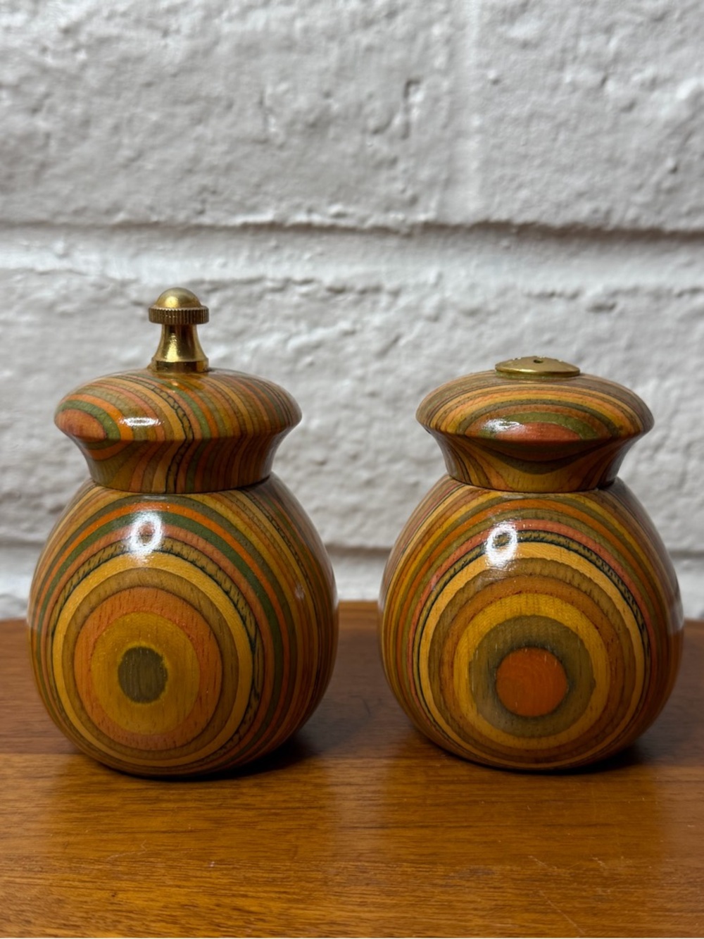 Vintage Mr. Dudley Wooden Pepper Mill & Salt Shaker Set Multi-Colored Rainbow